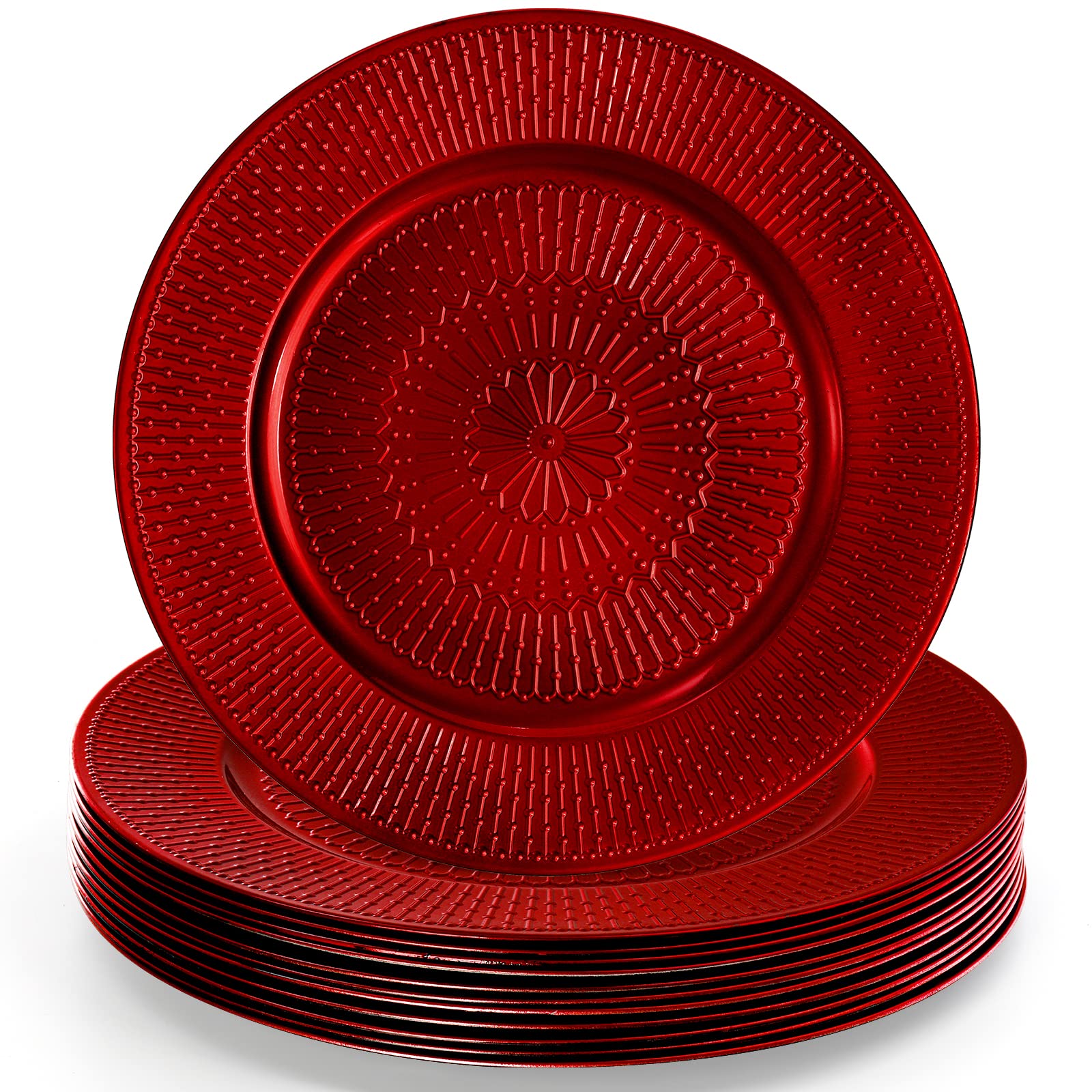 DEAYOU front view of 12-pack red beaded charger plates showing full set appeal