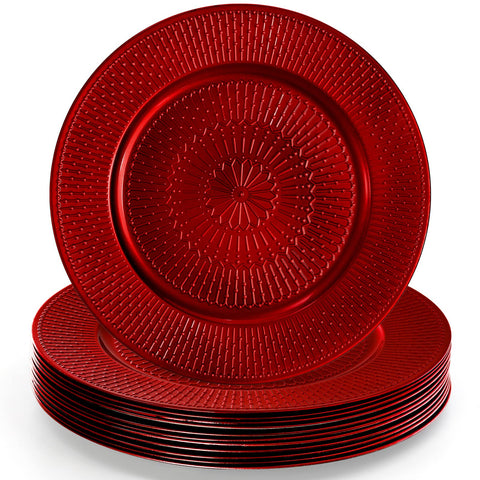 DEAYOU front view of 12-pack red beaded charger plates showing full set appeal