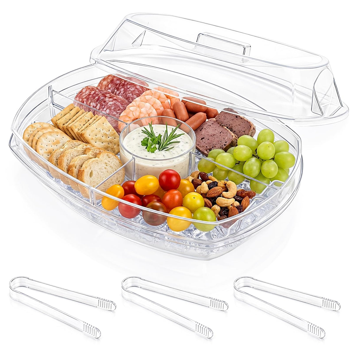DEAYOU front view of chilled 4-compartment tray keeps appetizers cold