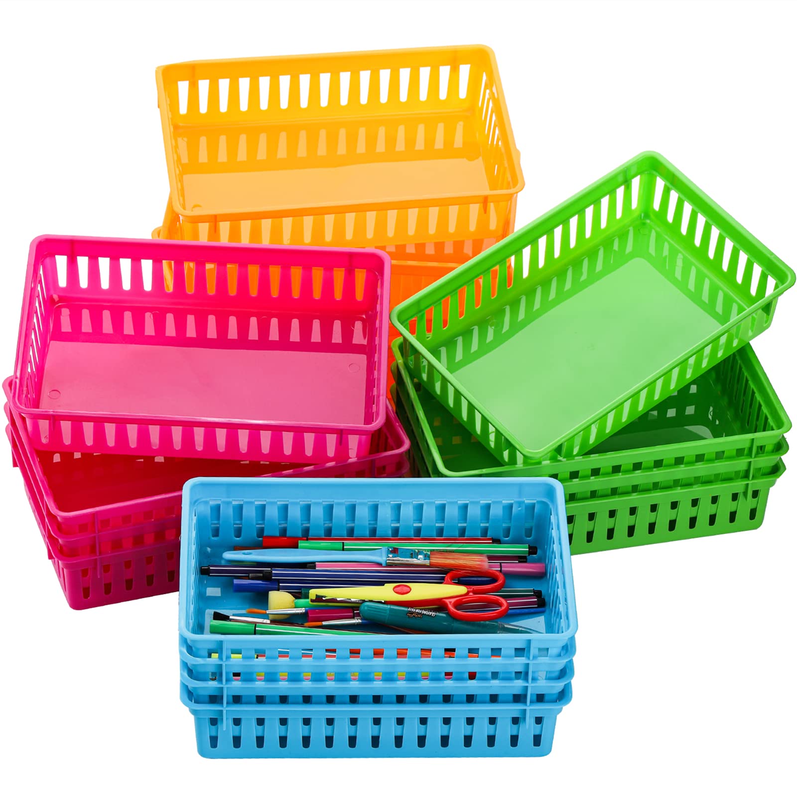 DEAYOU front view of 16 colorful organizer baskets, simplifies classroom storage