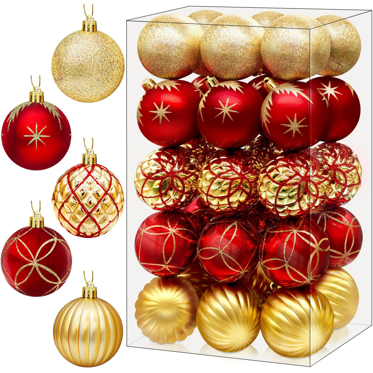 DeckTheHalls front packaging showing 30 red gold ornaments and organized box — easy storage