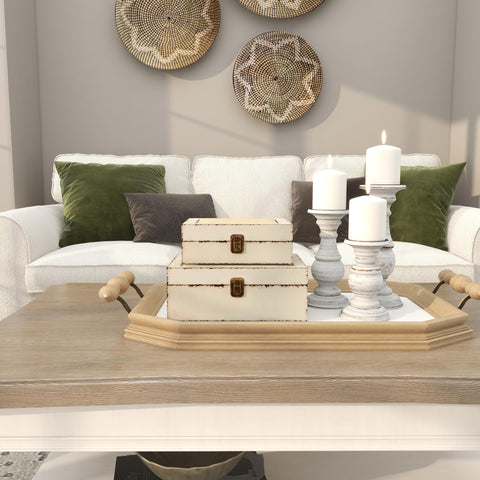 deco 79 boxes styled on a mantel showing decorative organization benefit