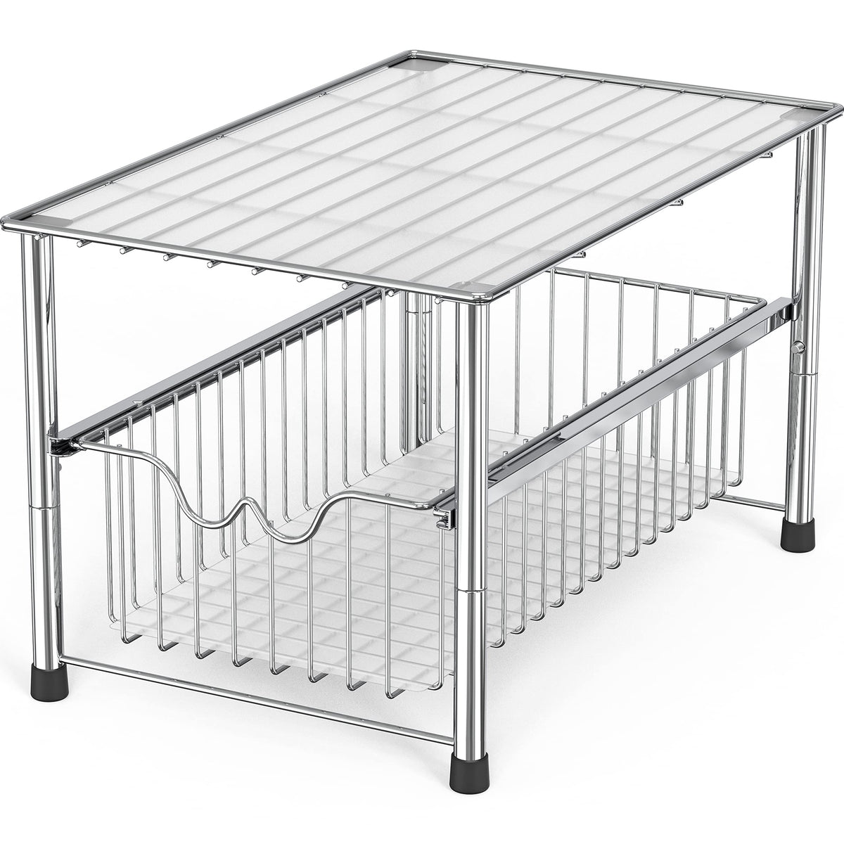 Deco Brothers front view of chrome stackable under-sink organizer showing compact footprint and neat storage