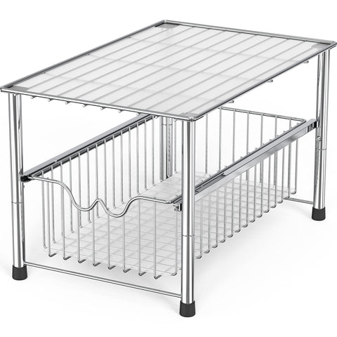 Deco Brothers front view of chrome stackable under-sink organizer showing compact footprint and neat storage