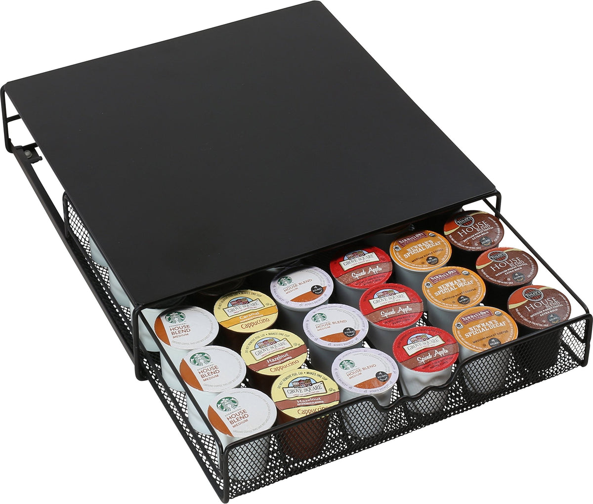 Deco Brothers front view of black 36-pod drawer showing organized storage benefit