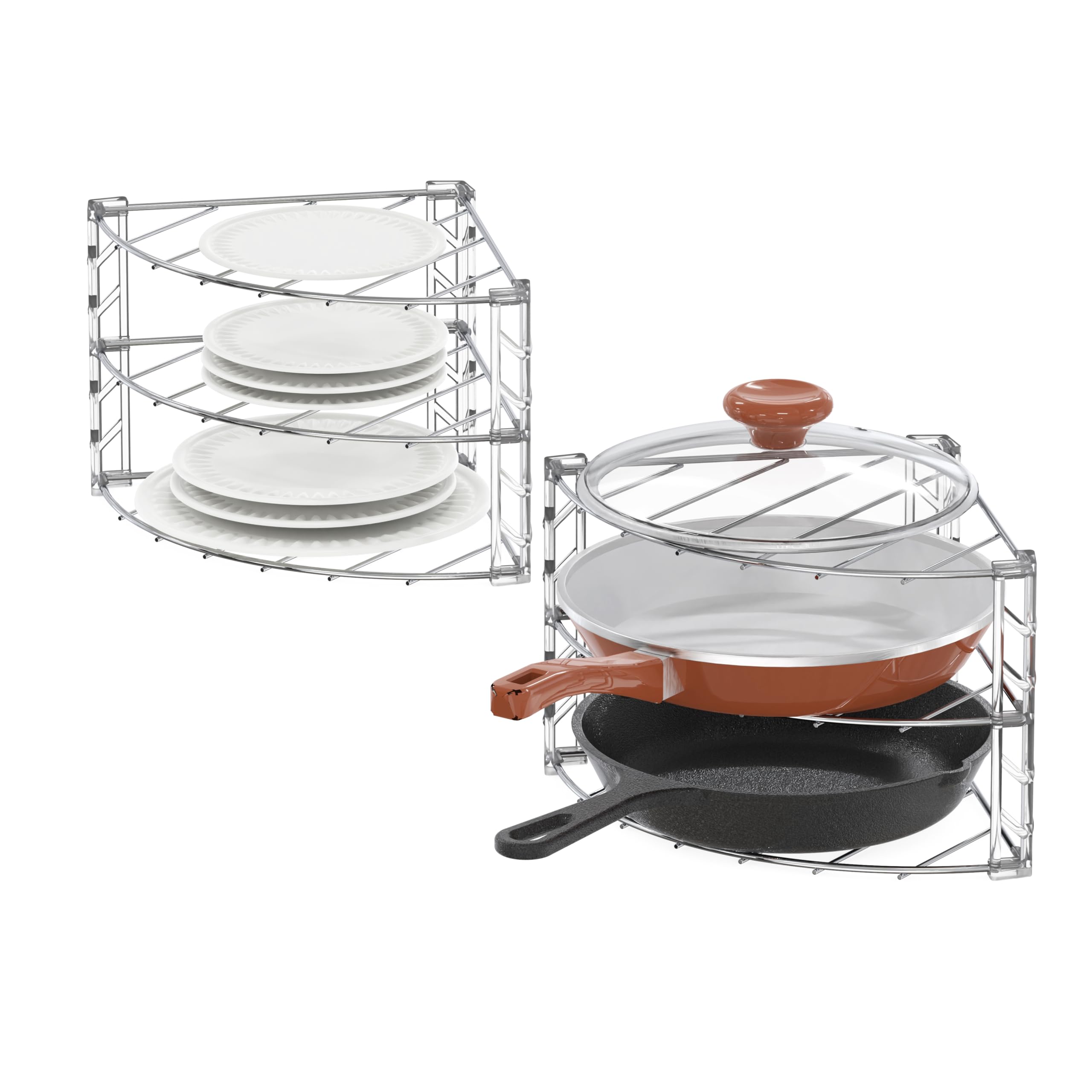 Deco Brothers front view of chrome 3-tier cabinet shelf showing compact storage benefit