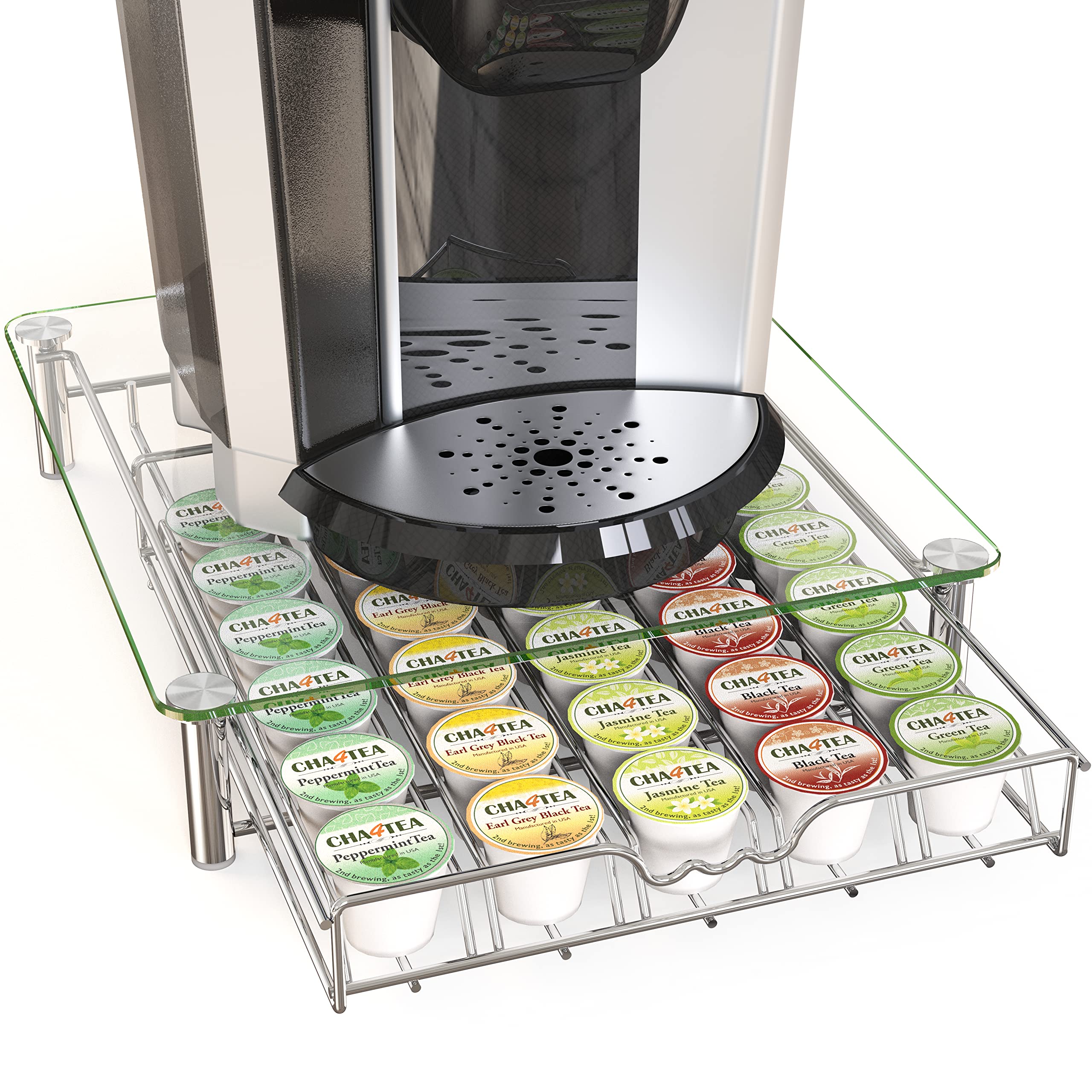 Deco Brothers front view chrome K-Cup drawer shows neat storage benefit