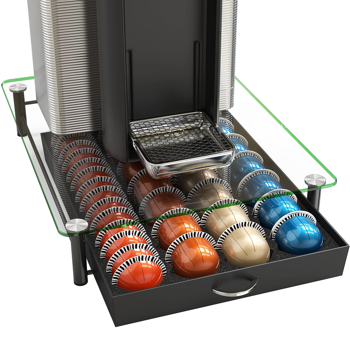 Deco Brothers front view of pod drawer showing organized capsules and quick selection