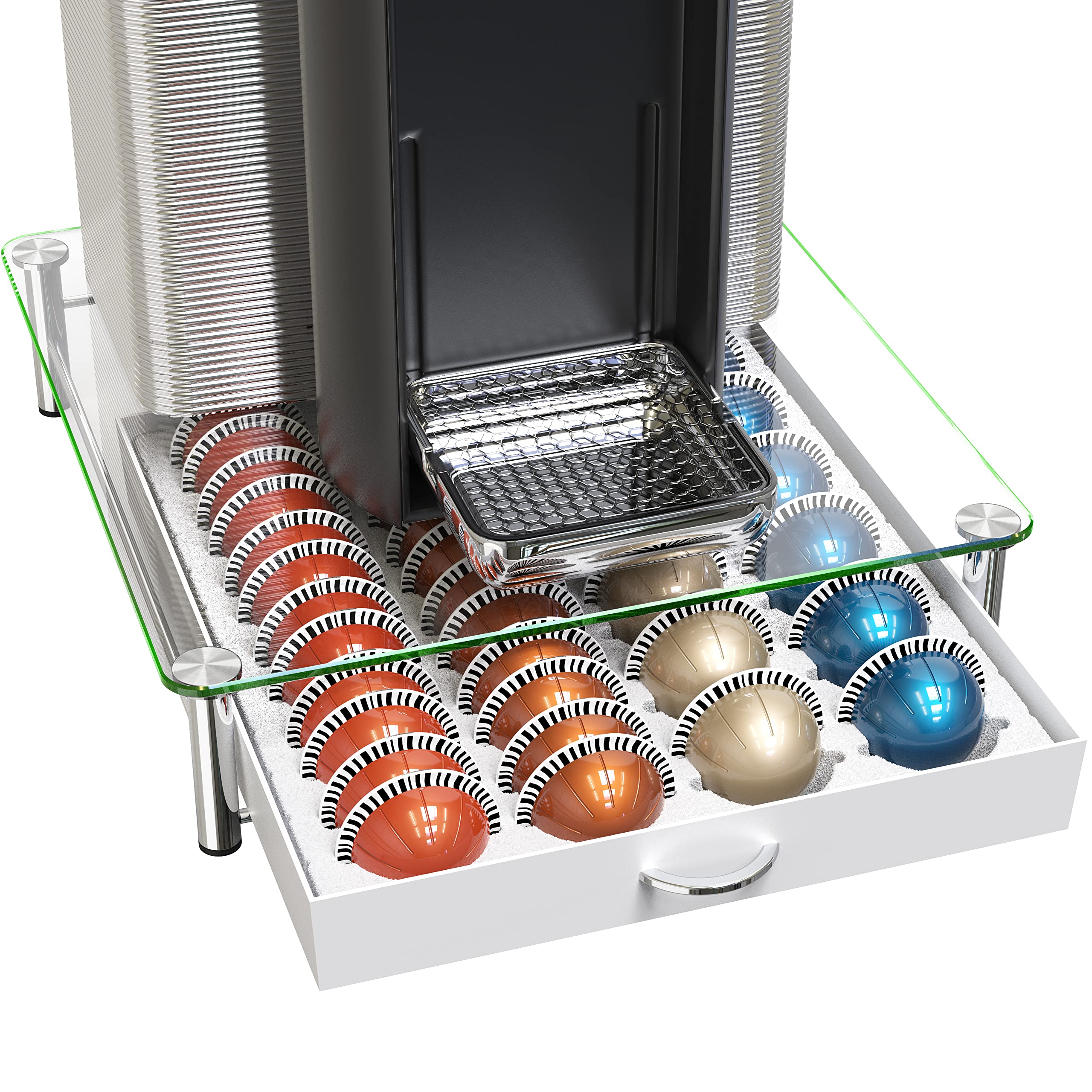 Deco Brothers front view pod holder shows sleek glass and neat capsule storage benefit