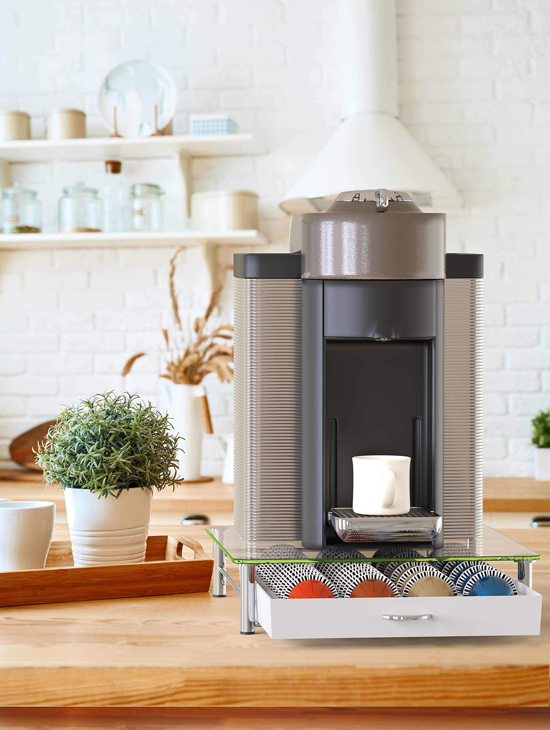 Deco Brothers pod holder beside coffee machine to show scale and compatibility benefit