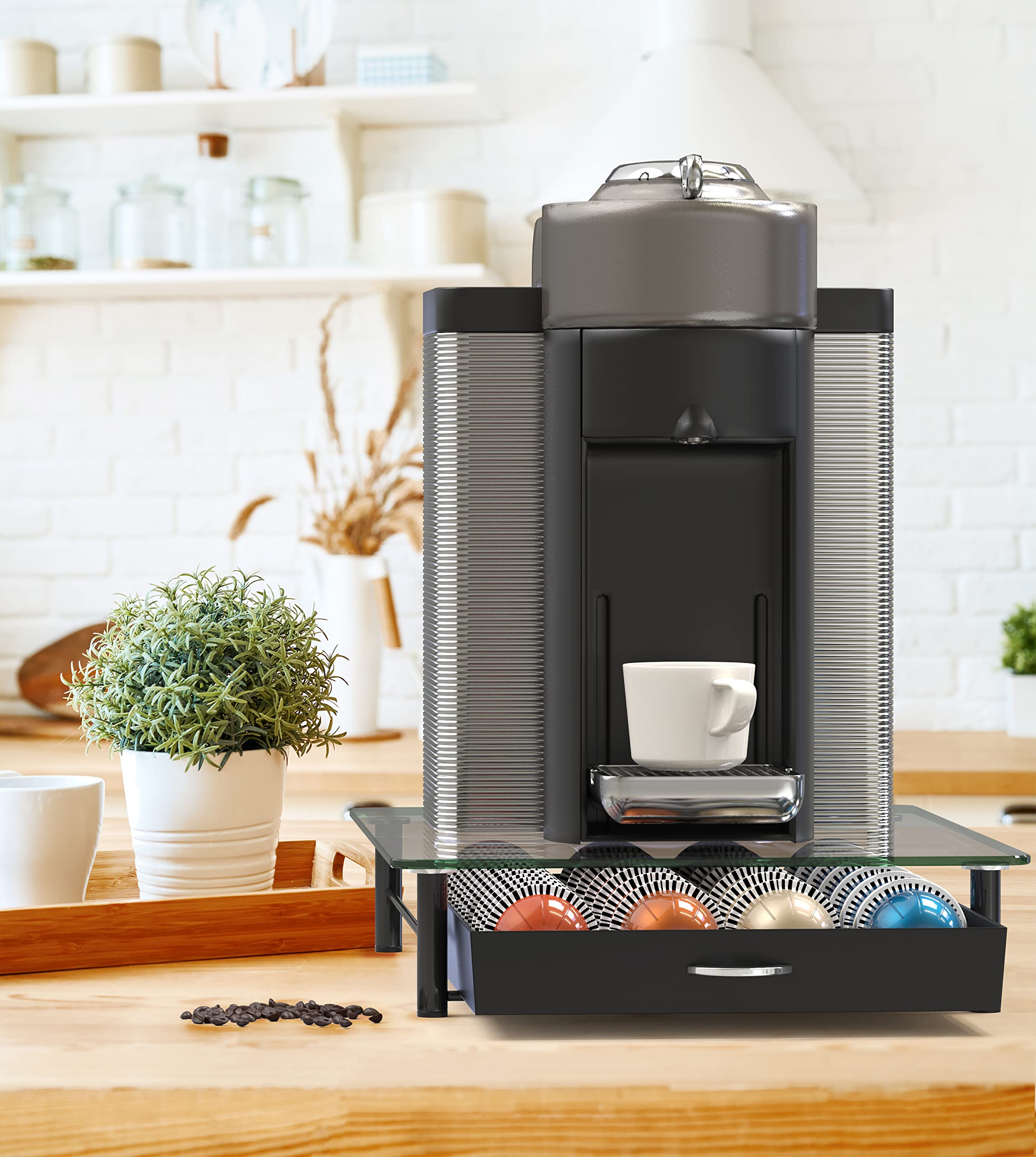Deco Brothers side profile placed under a coffee machine to save counter space