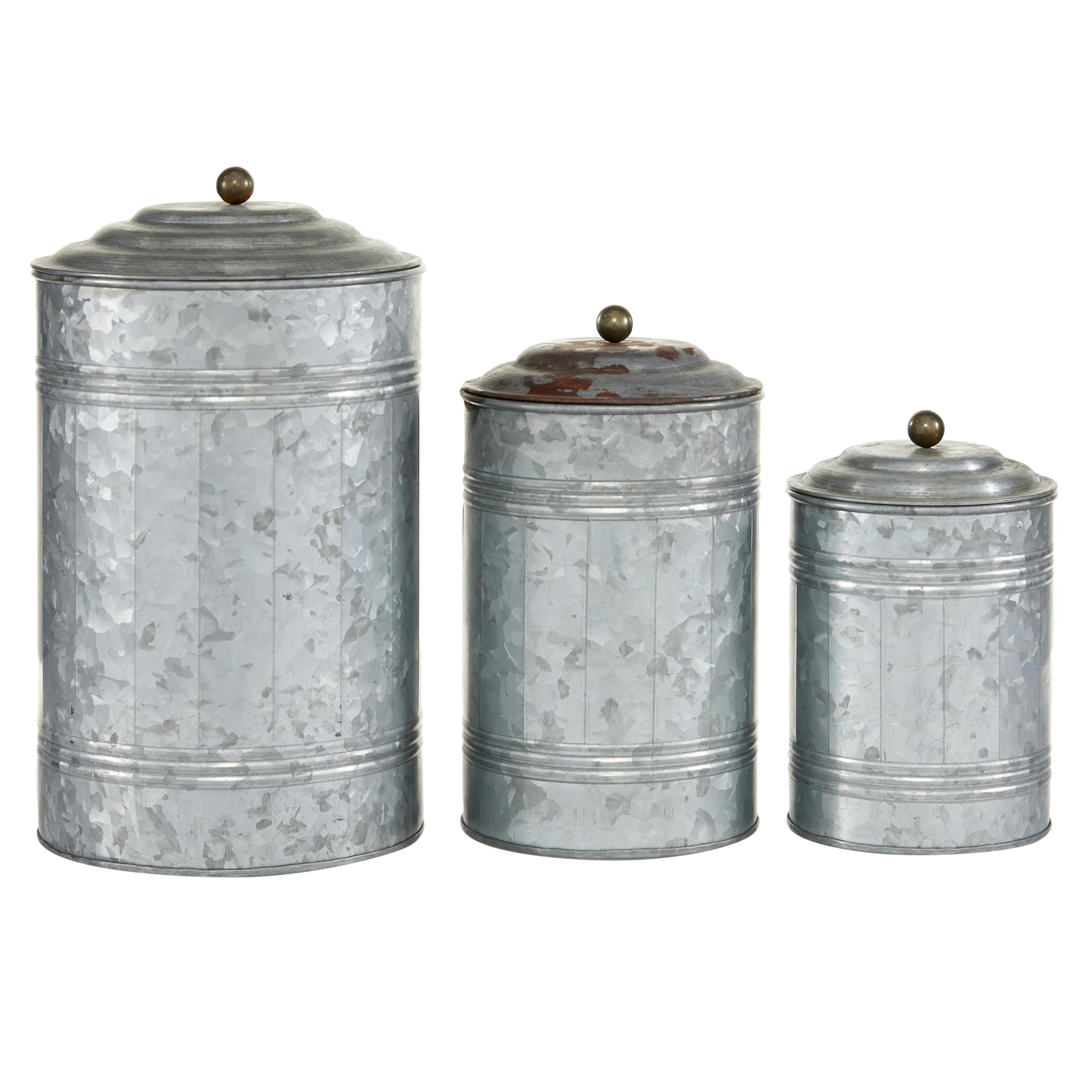 deco 79 three galvanized jars front view showing rustic styling and cohesive set benefit