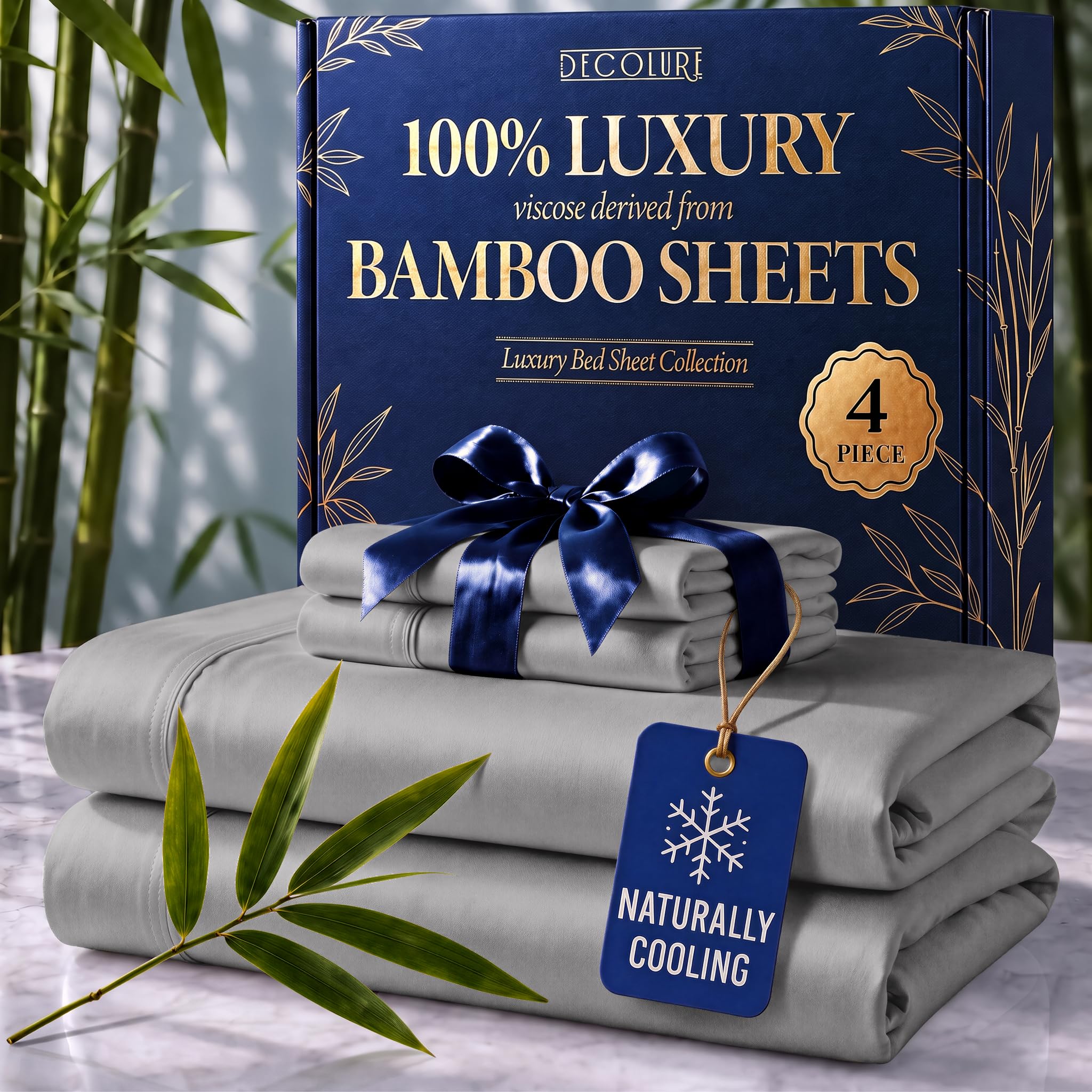 DECOLURE front packaging of queen bamboo sheet set showing contents and benefit