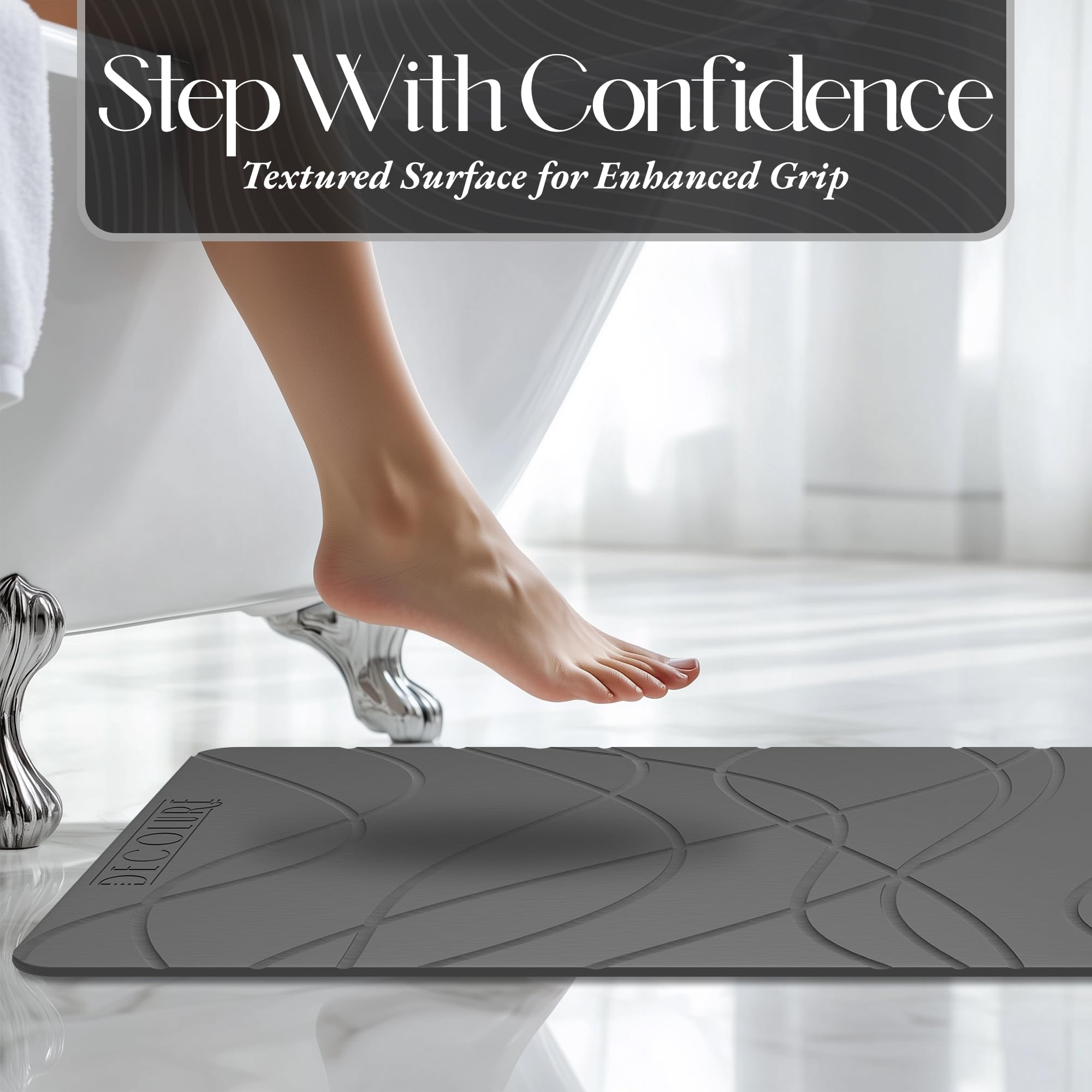 DECOLURE mat in bathroom lifestyle setting providing spa-like aesthetic and slip safety benefit