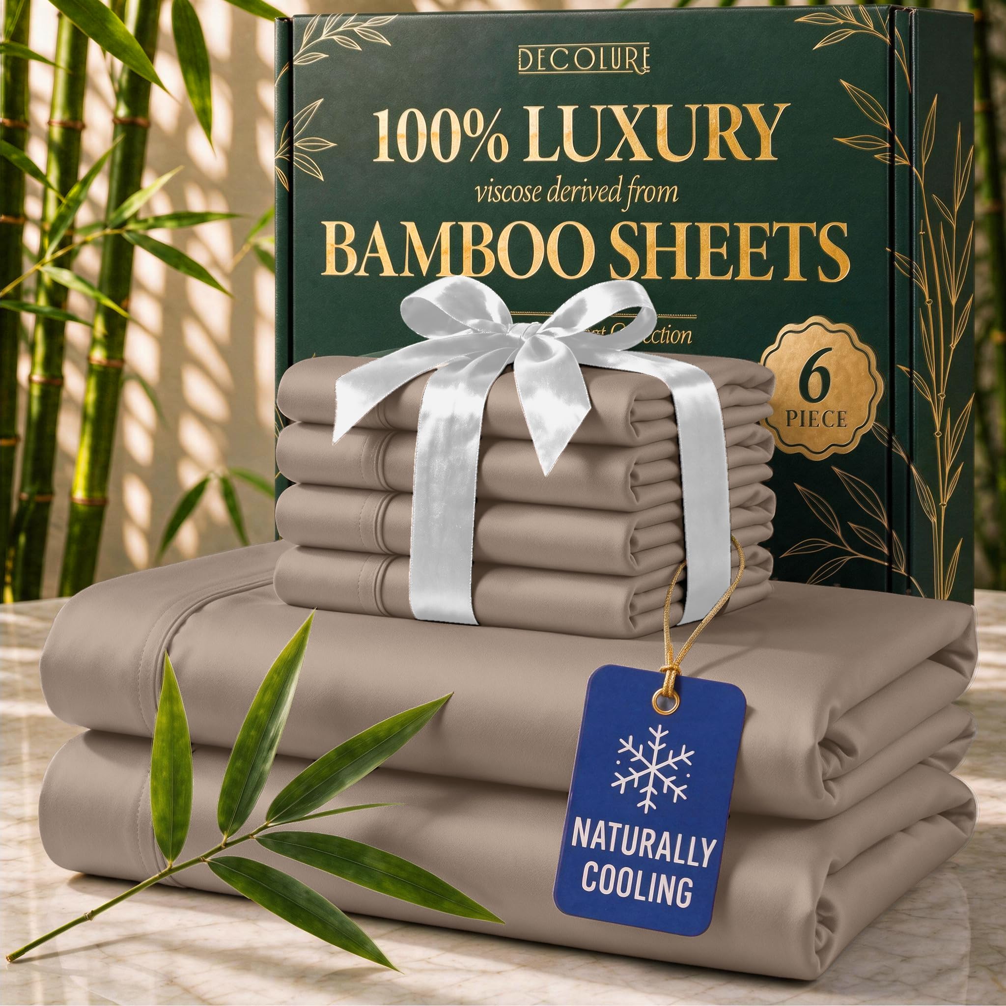 DECOLURE king sheet set front packaging showing full six-piece set benefit