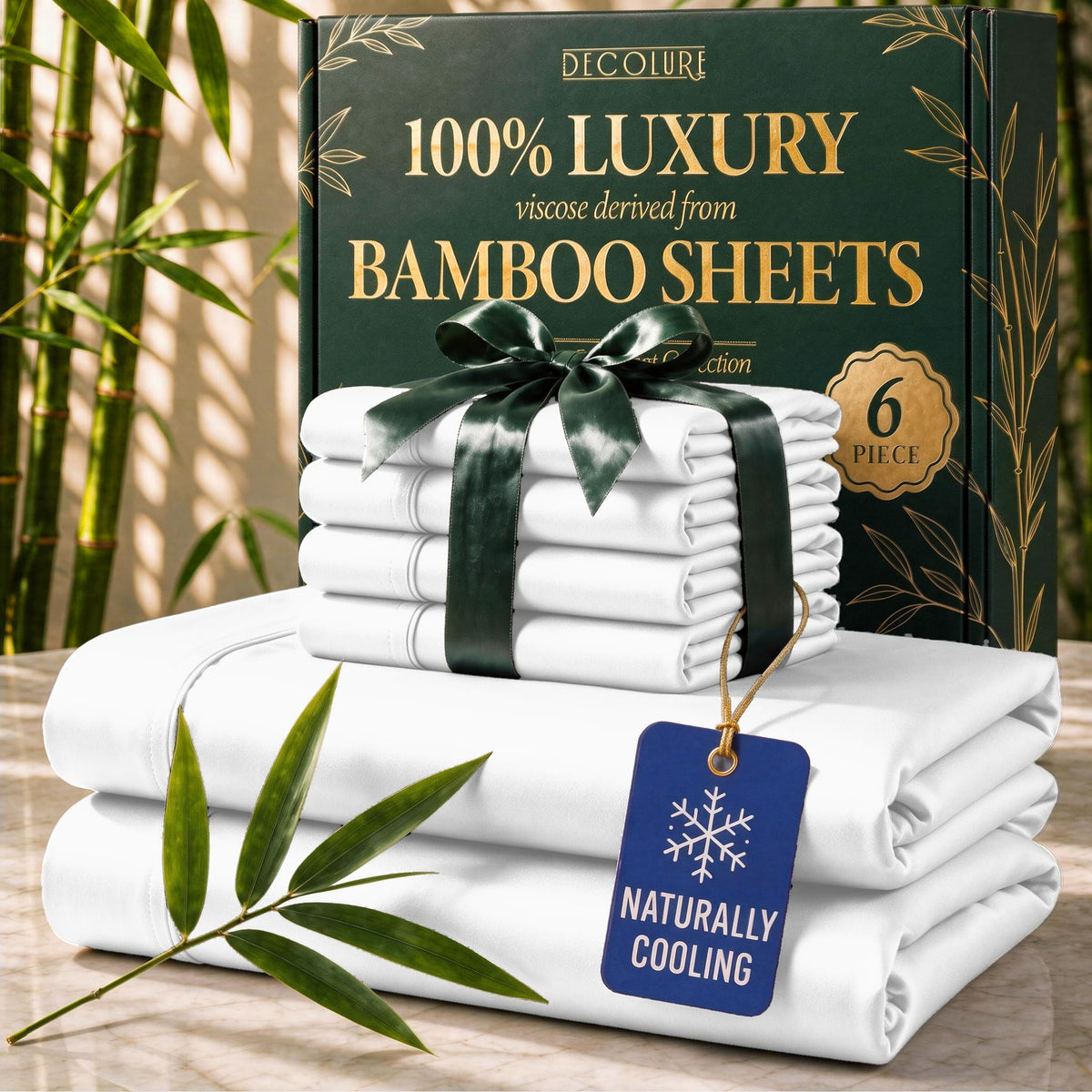 DECOLURE folded queen sheet set front view showing neat packaging and brand benefit