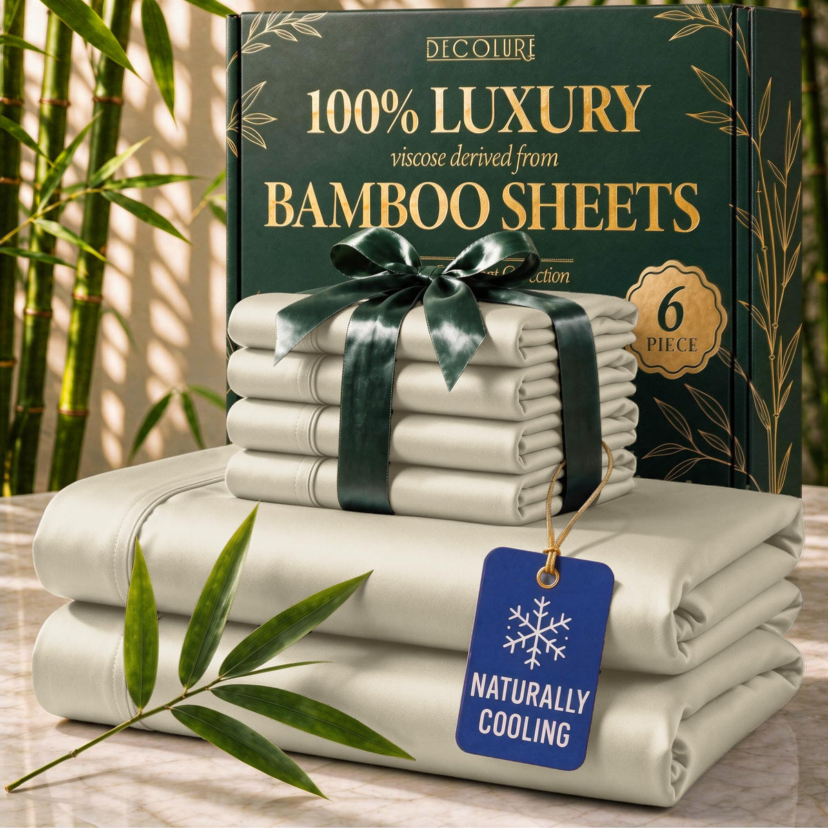 DECOLURE queen sheet set front view showing neat fit and smooth finish