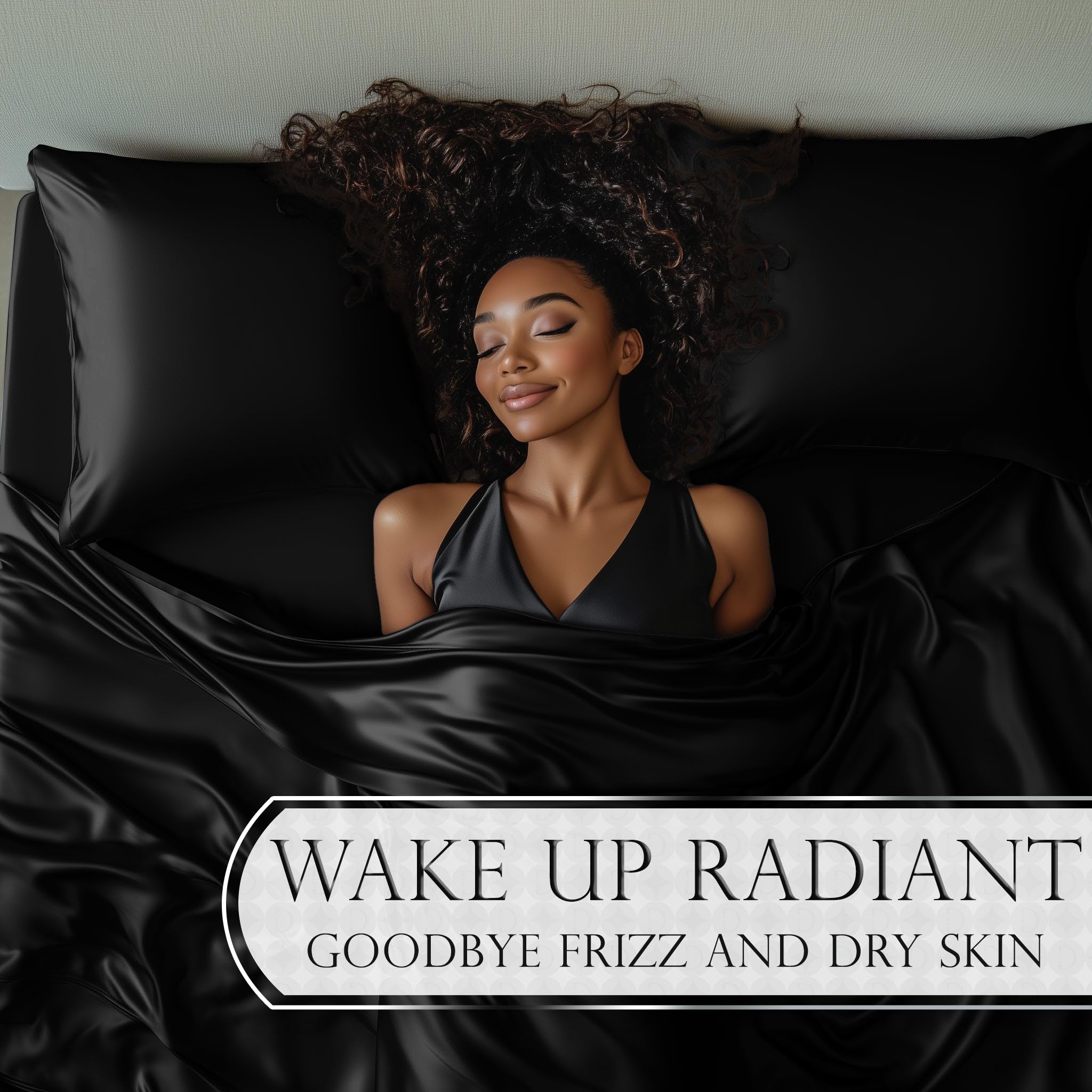 DECOLURE paired satin pillowcases styled on bed illustrating soft support and sheen benefit
