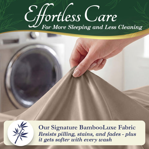 DECOLURE sheets next to mattress showing scale and deep-pocket fit benefit