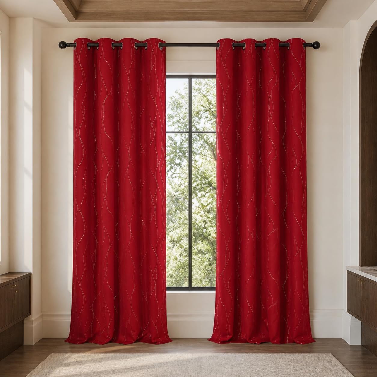 Deconovo front view red grommet panels showing polished room-darkening benefit