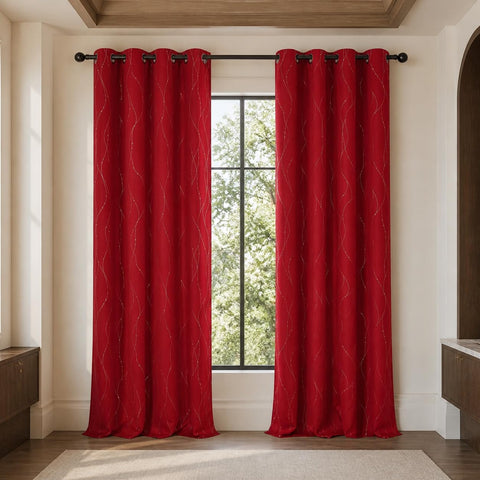 Deconovo front view red grommet panels showing polished room-darkening benefit