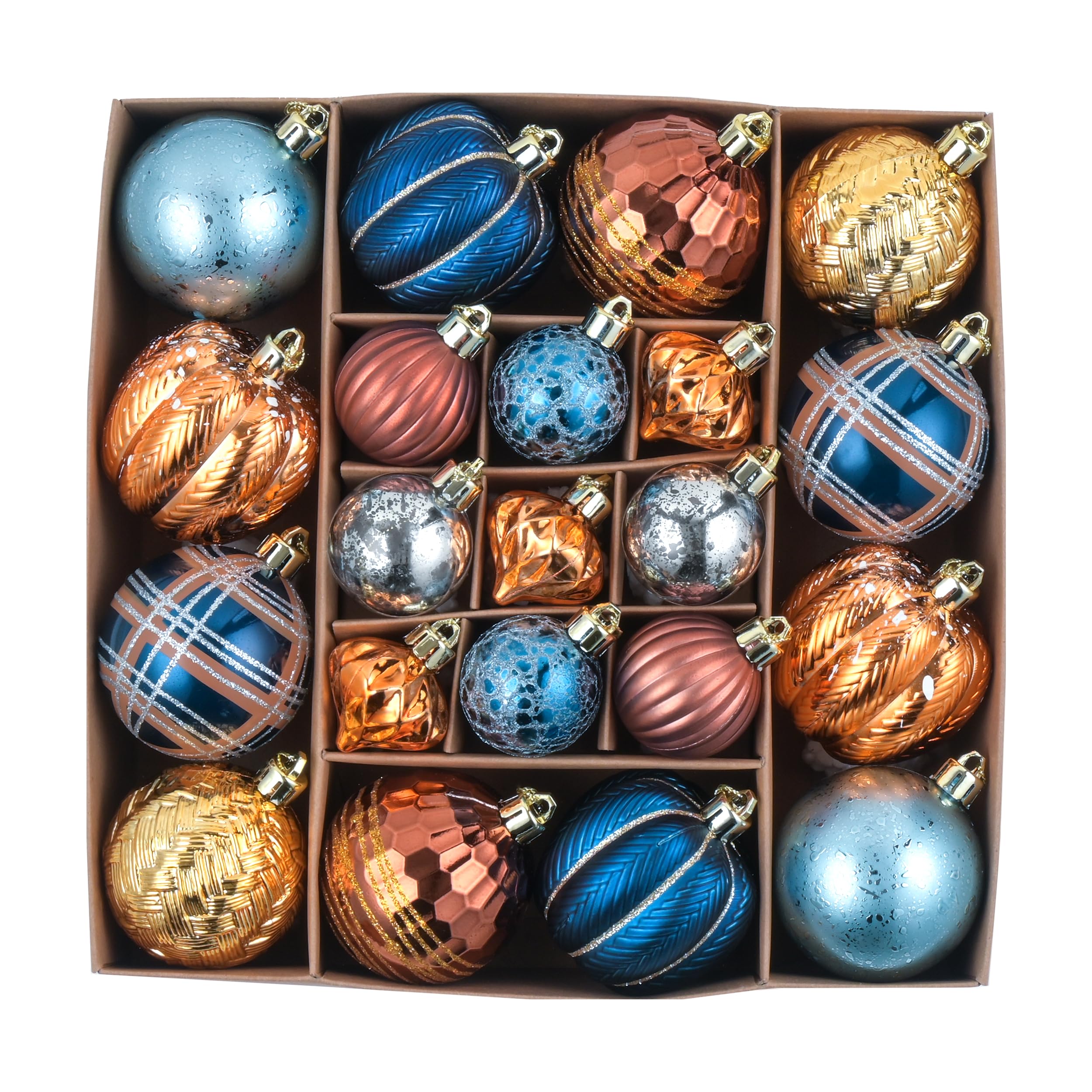 Decor by Hannah front packaging showing 21 blue copper ornaments and included hanging strings for easy setup