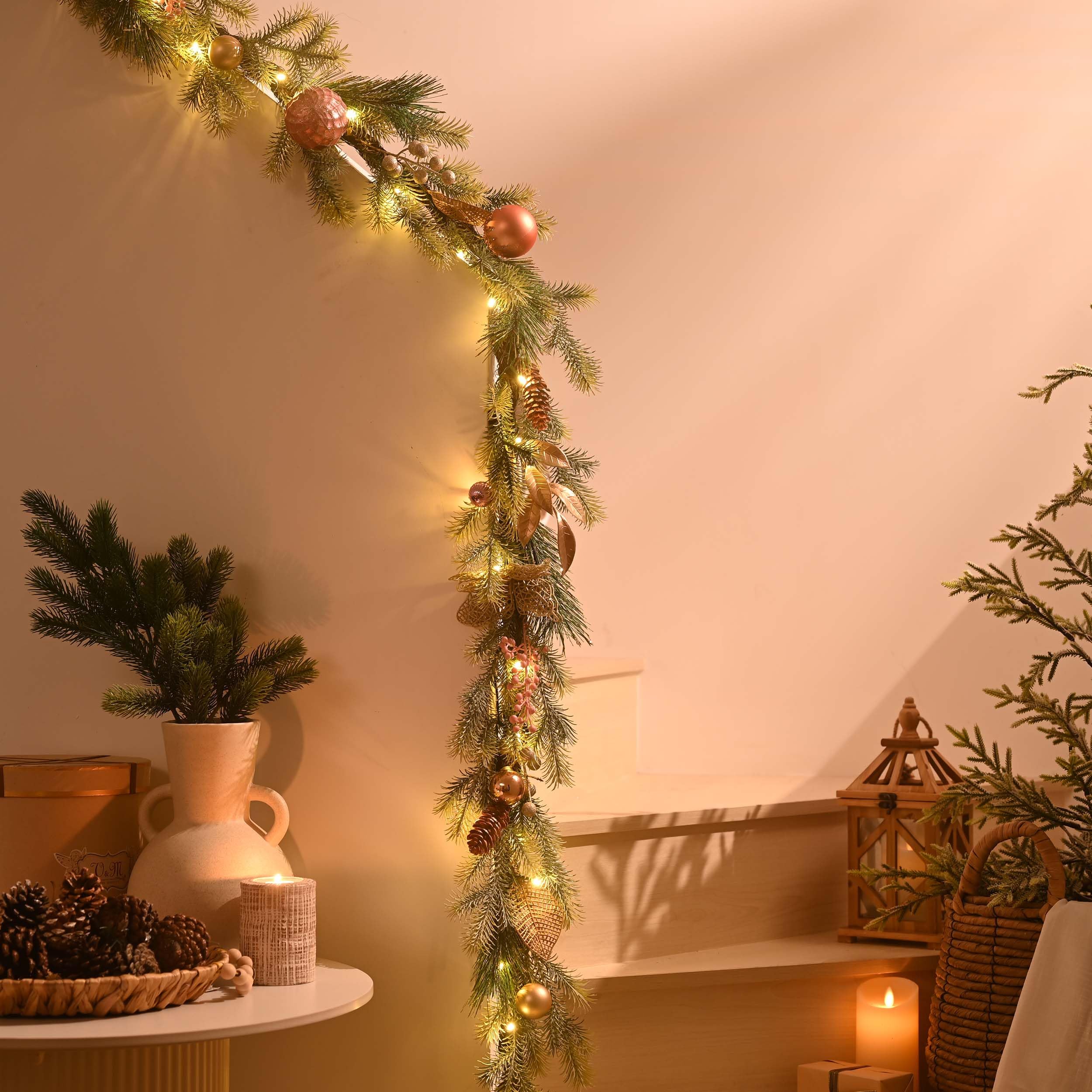 Decor by Hannah garland styled on mantel creating cozy holiday atmosphere