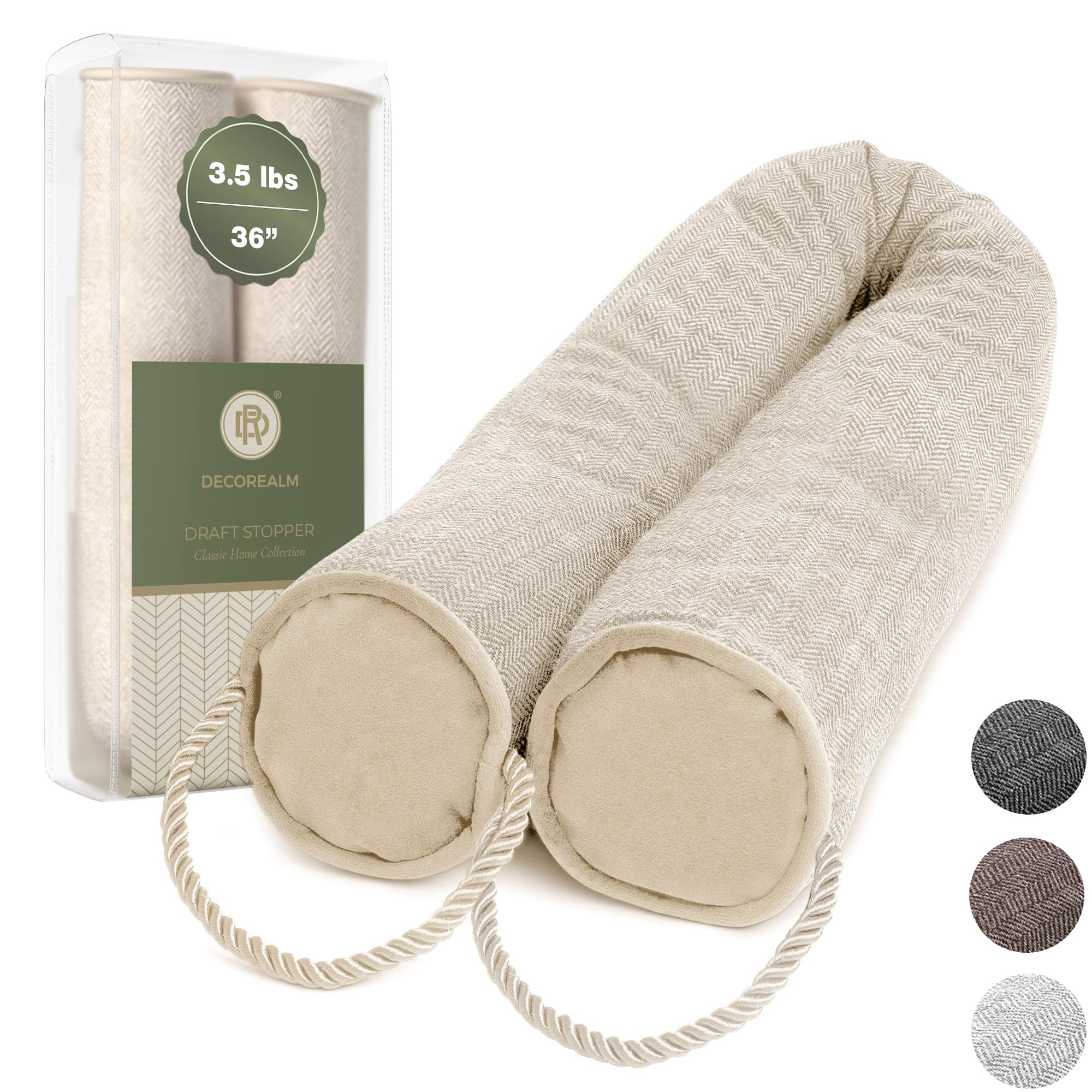 DECOREALM front view of beige draft stopper showing clean decorative finish and seal