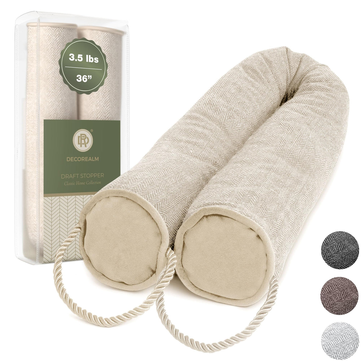 DECOREALM front view of beige draft stopper showing clean decorative finish and seal