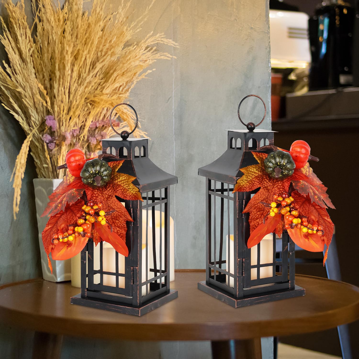DECORKEY front view of two lanterns showing rustic finish and balanced scale