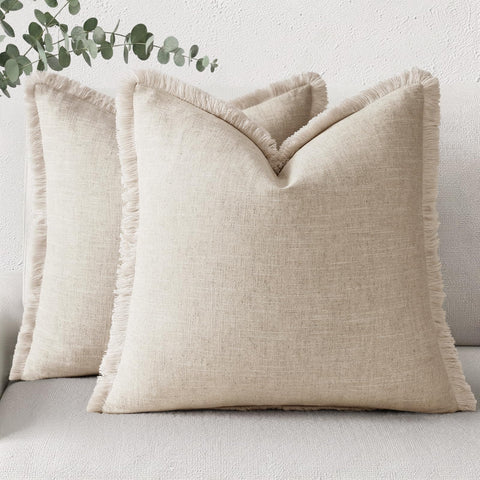 decorUhome front view of linen fringe beige pillow covers showing shape and style benefit