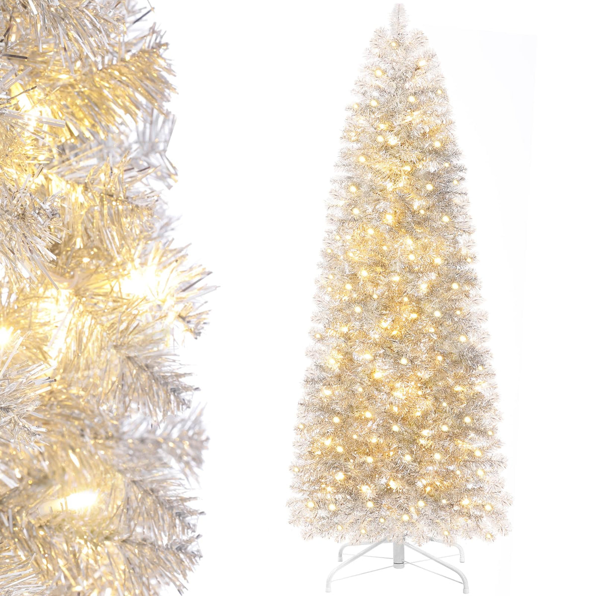 Decoway front view of packed silver tinsel tree shows slim profile and ready-to-assemble benefit