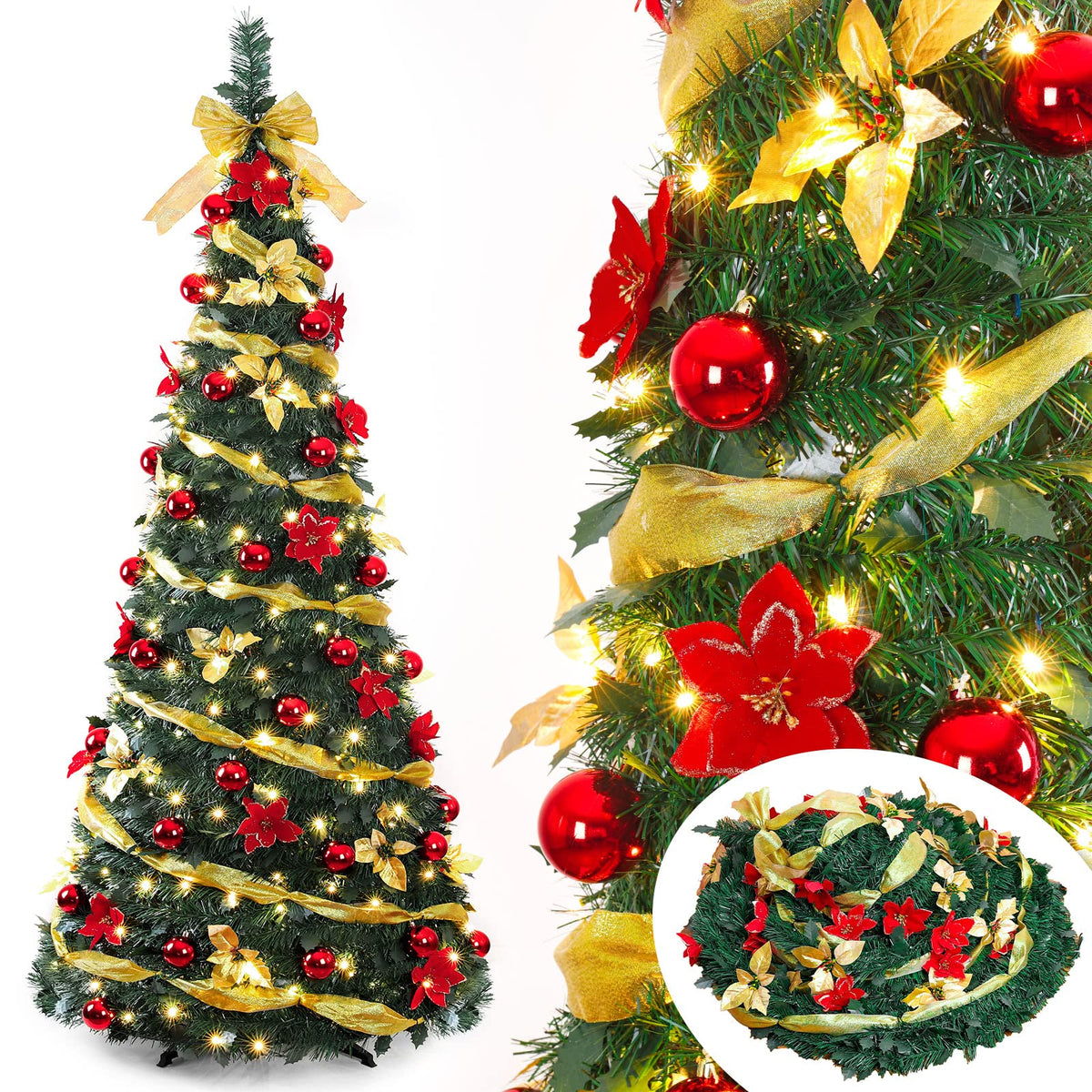 Decoway front view full tree showing warm white lights and red gold decorations for instant display