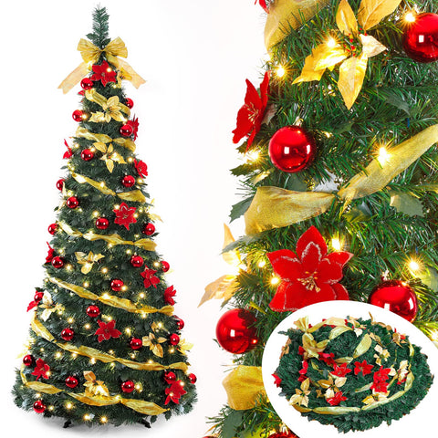 Decoway front view full tree showing warm white lights and red gold decorations for instant display