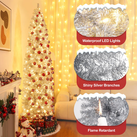 Decoway lit pencil tree in living room demonstrating warm white lights and cozy ambiance