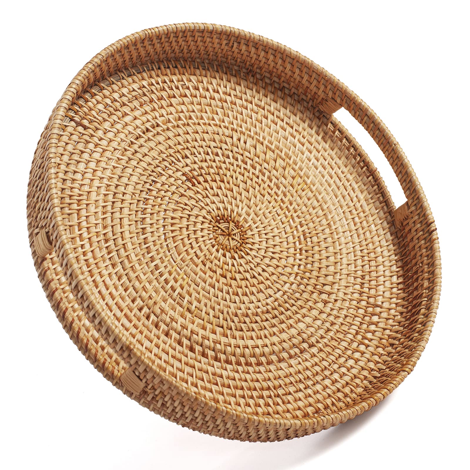 DECRAFTS front view of round rattan tray showing natural finish and shape
