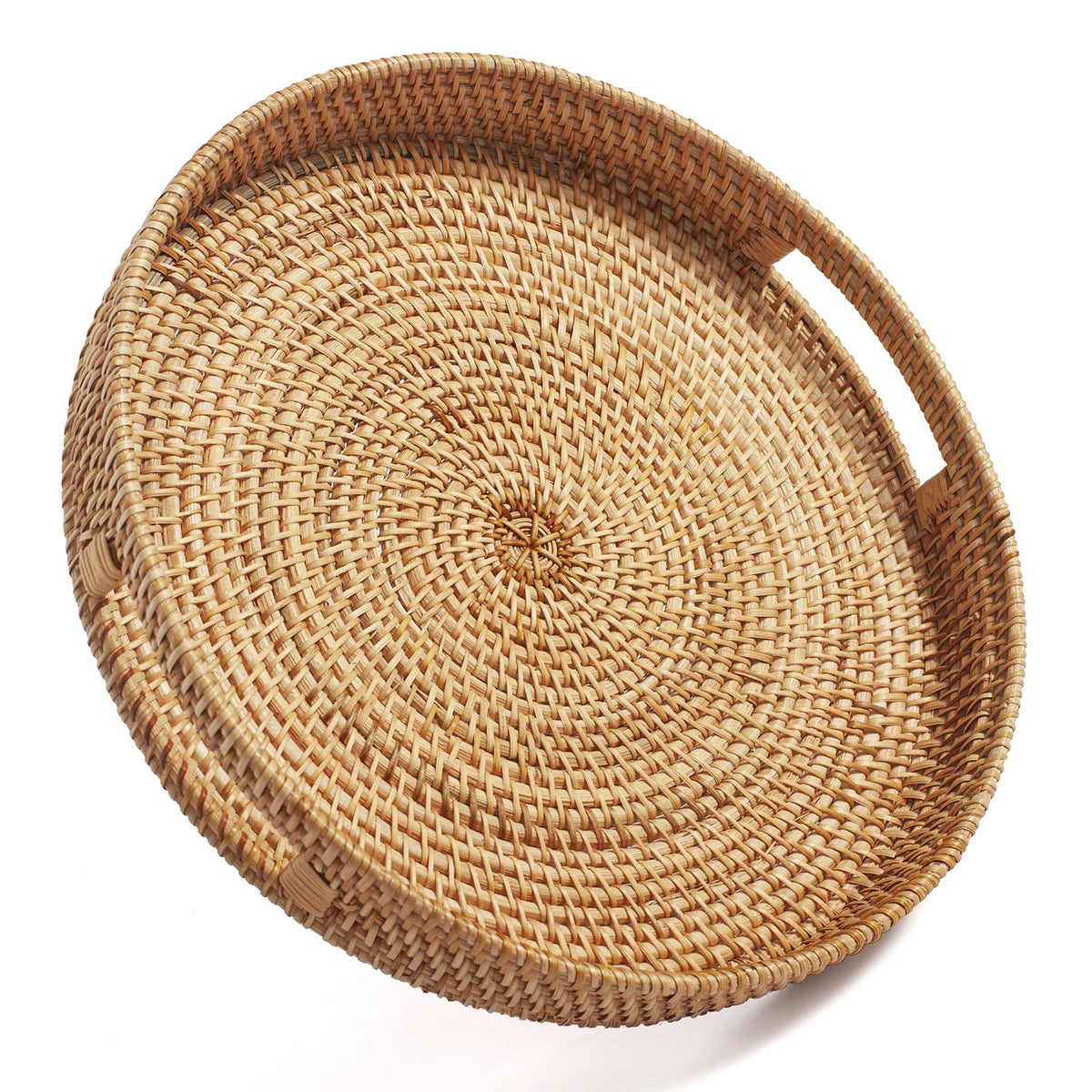 DECRAFTS front view of round rattan tray showing natural finish and shape