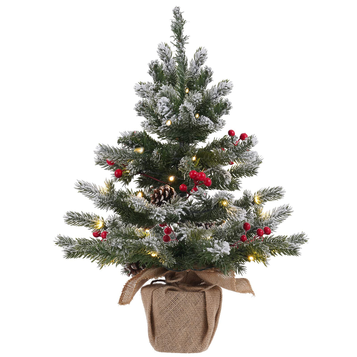 DECSPAS full front view showing compact pre-lit snowy tree and warm glow
