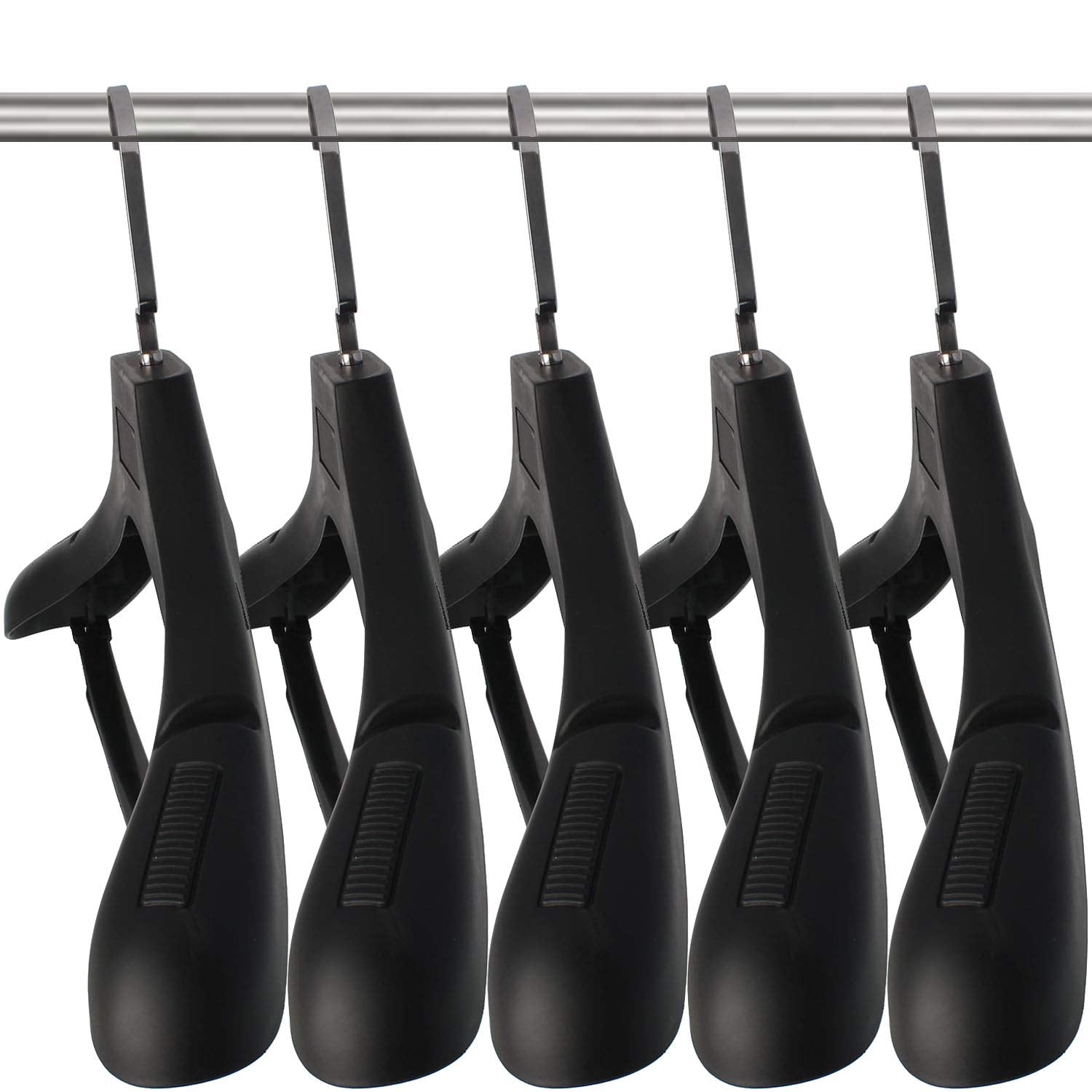 DEDU front view of 15 black extra-wide hangers showing sleek silhouette and uniformity