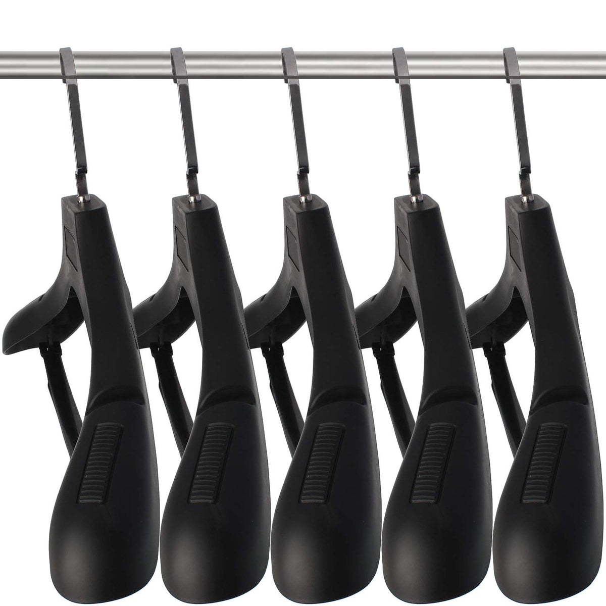 DEDU front view of 15 black extra-wide hangers showing sleek silhouette and uniformity