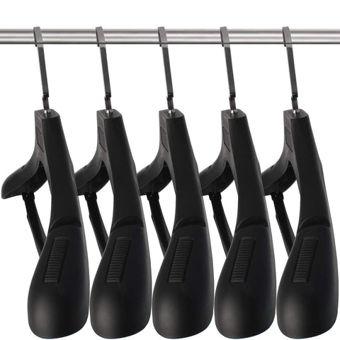 DEDU front view of 15 black extra-wide hangers showing sleek silhouette and uniformity