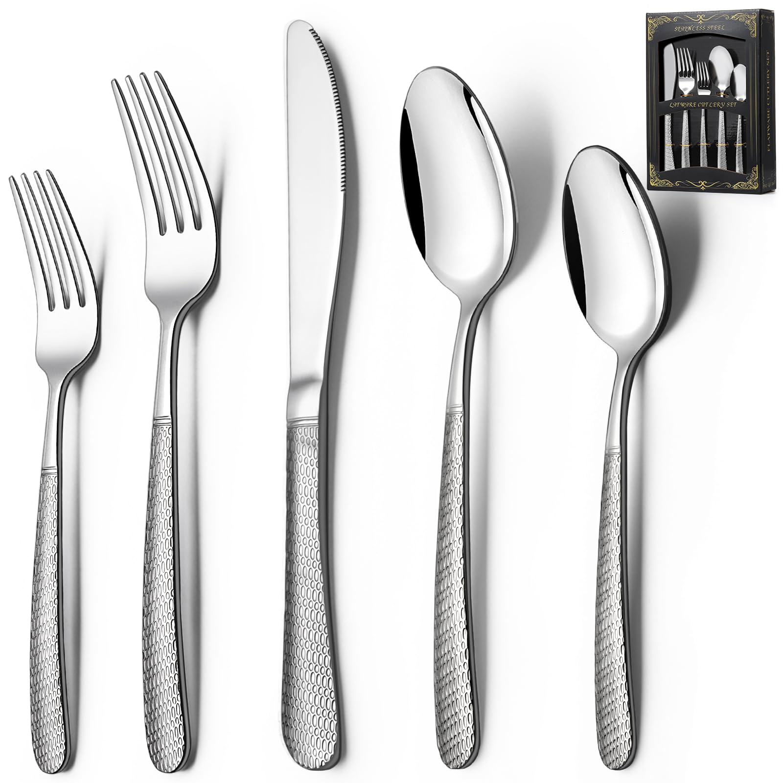 Deedro flatware front view showing complete 40-piece set and elegant presentation benefit