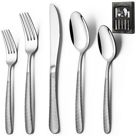 Deedro flatware front view showing complete 40-piece set and elegant presentation benefit
