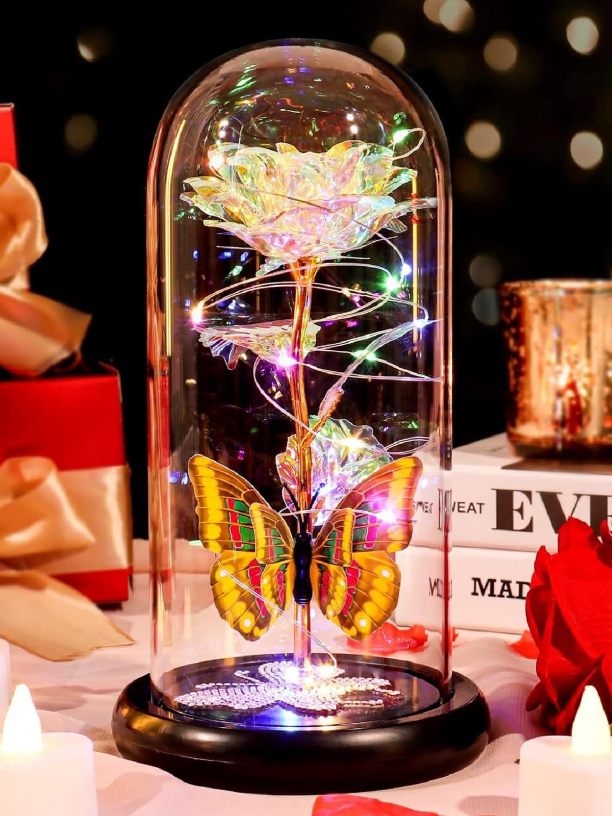 DEEMEI front view glass dome showing elegant gift presentation and lasting decor