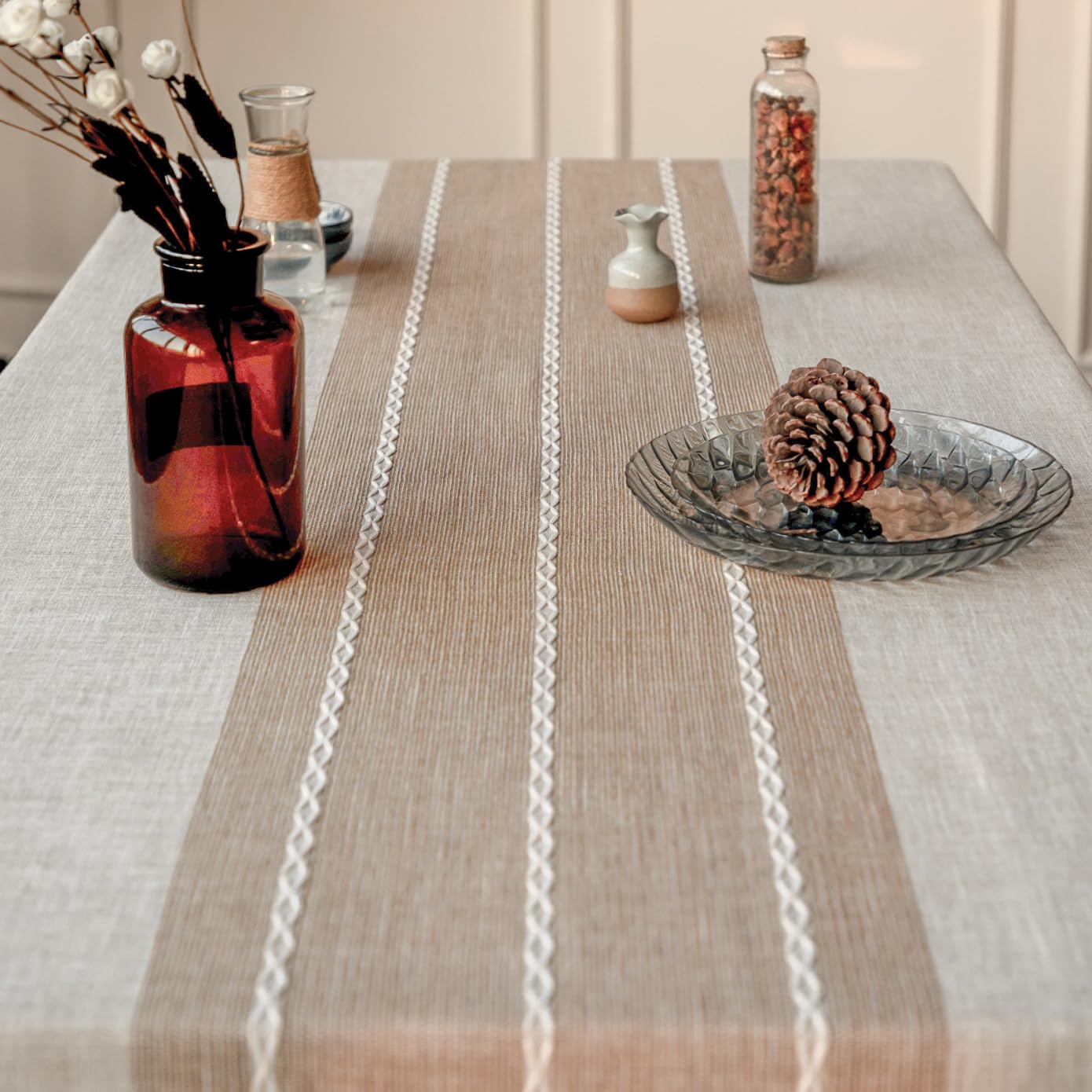 Deep Dream tablecloth with spilled drink beading on surface, easy wipe cleanup