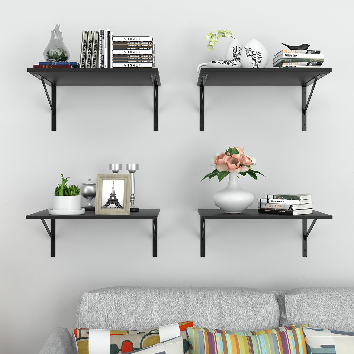 Deep Floating Wall Shelves installed in living room displaying books and plants