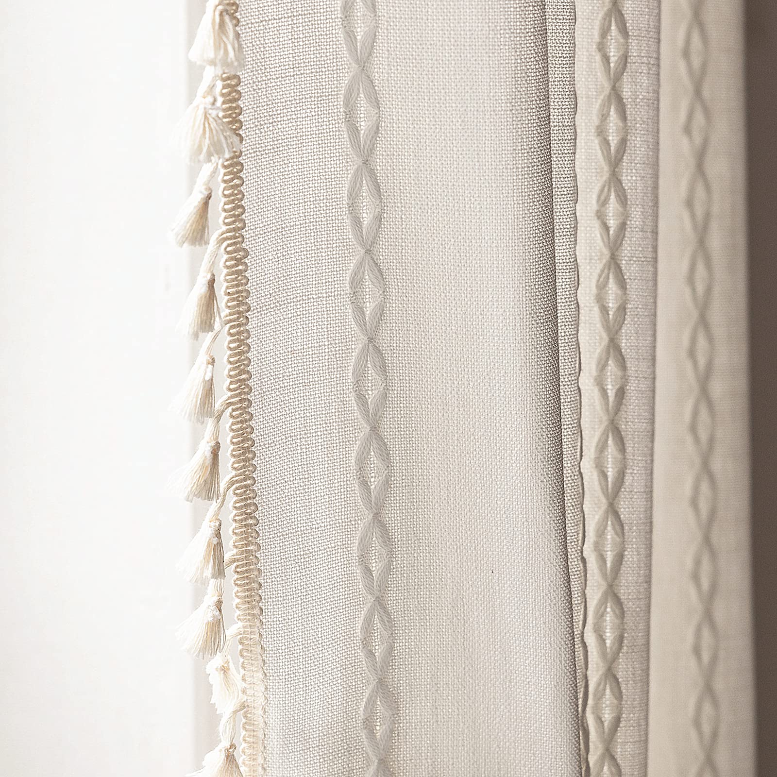 Deeprove front panel showing cream boho curtain and soft light filtering