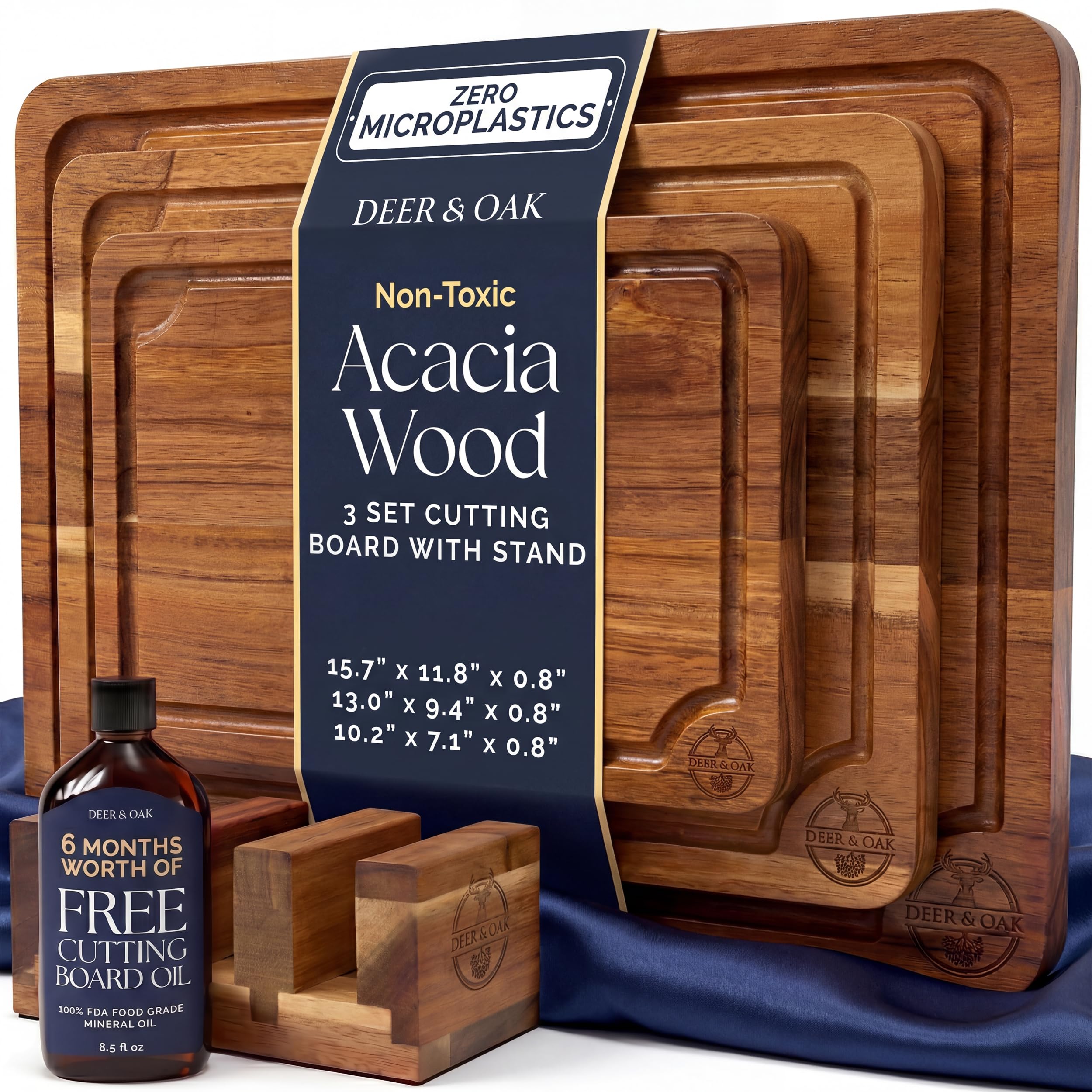 Deer & Oak front packaging showing eco-friendly acacia set and features