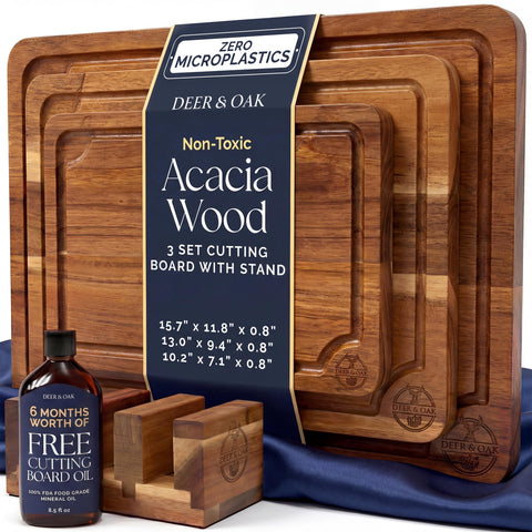 Deer & Oak front packaging showing eco-friendly acacia set and features