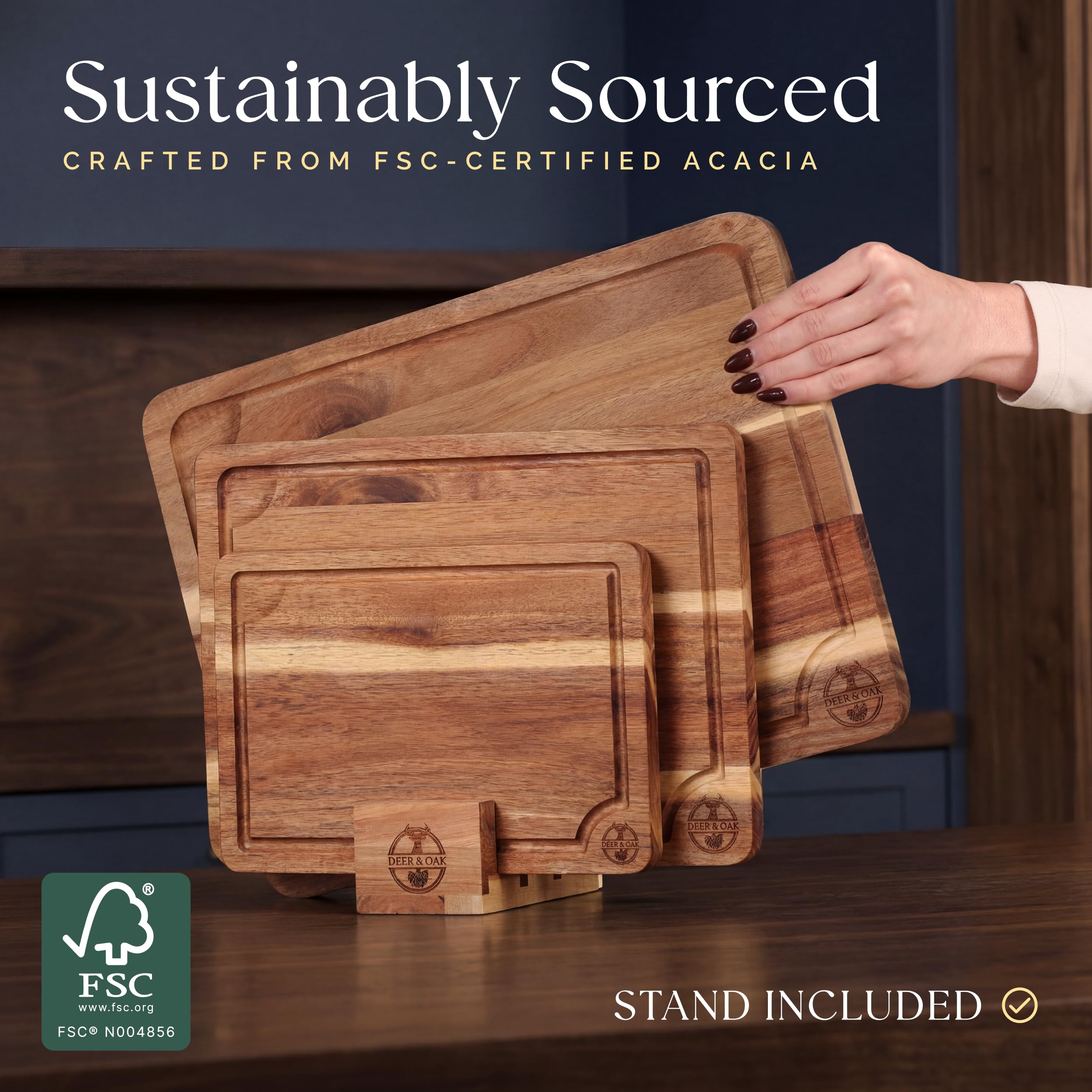 Deer & Oak small board beside knife showing scale and prep convenience